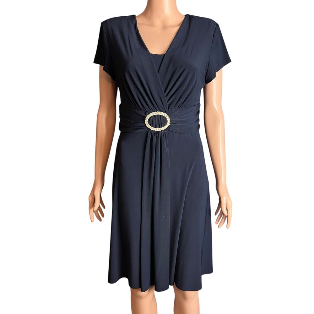 R & M Richards Petites Navy Blue Fit And Flare Ruched Dress Rhinestone 12P Luxe